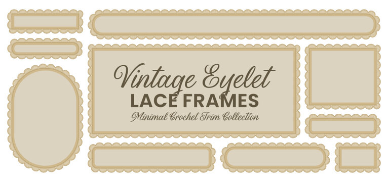Tan beige dotted eyelet scallop lace frames outline vertical oval, rectangle, capsule plus strip banner borders on white as vintage minimal crochet trim for wedding stationery or cottagecore labels.