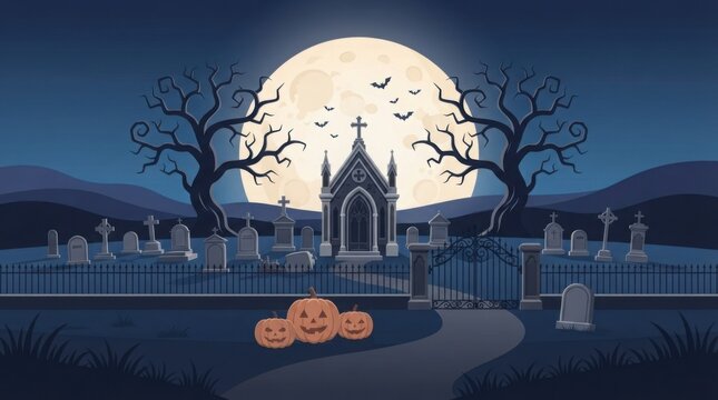Spooky halloween graveyard scene with a full moon and silhouetted trees at night