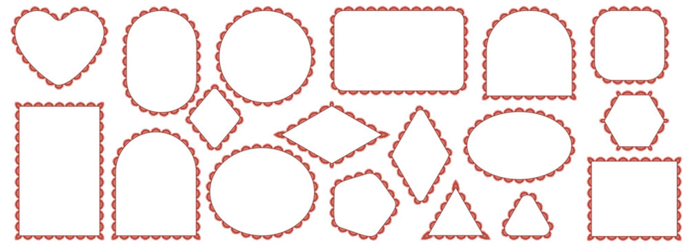 Maroon bold eyelet scallop lace borders outline heart, circle, oval, arch, diamond plus hexagon frames on white as classic vintage cutwork trim for wedding invitations or cottagecore craft labels.