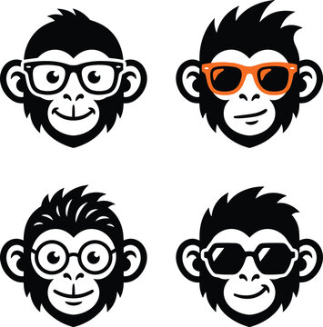  Cute monkey head icon set featuring cool cartoon animal faces wearing eyeglasses and summer sunglasses vector illustration collection