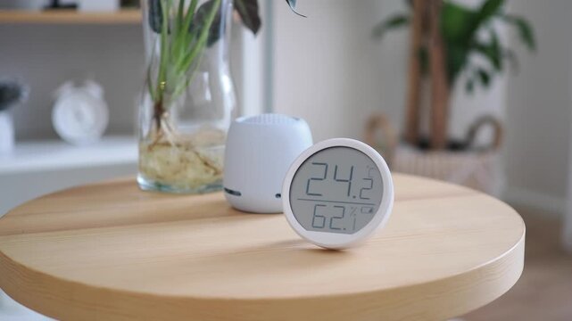 Digital thermometer and humidity meter on a wooden table
