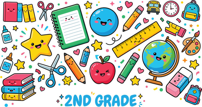  Cute kawaii second grade school supplies background illustration featuring happy cartoon stationery characters notebook and classroom elements