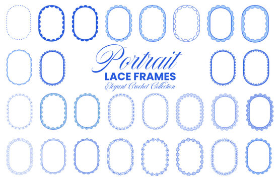Blue portrait oval lace frame set with scalloped crochet borders, bow trims, floral eyelets, pearl dots on white background for wedding invitations, craft cards, printable stationery label designs.