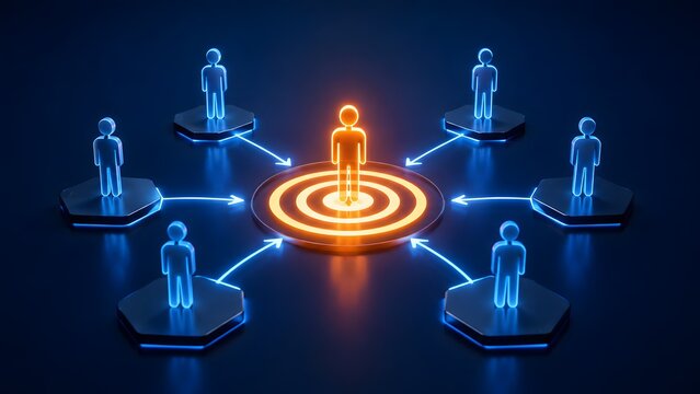 Glowing orange human figure on target surrounded by blue neon figures. Concept of target audience marketing, leadership focus, and centralization.