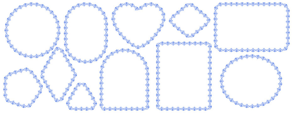 Cobalt folk floral lace borders outline circle, oval, love silhouette, diamond, arch plus rectangle frames with delicate embroidery trim as vintage decorative set isolated on white for wedding labels.
