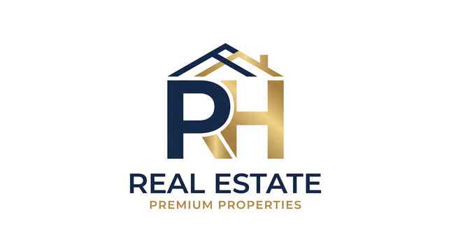 Modern real estate logo featuring a stylized home icon with blue and gold initials "P" and "H" above "REAL ESTATE PREMIUM PROPERTIES" text.