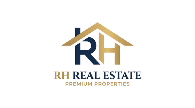 A modern real estate logo featuring stylized dark blue and gold letters 'RH' forming a house, with text 'RH REAL ESTATE PREMIUM PROPERTIES' below.