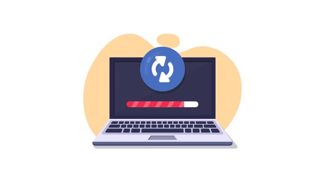 4K animation of Laptop displaying a software update icon and progress bar, representing system refresh, synchronization, installation, or digital technology maintenance.