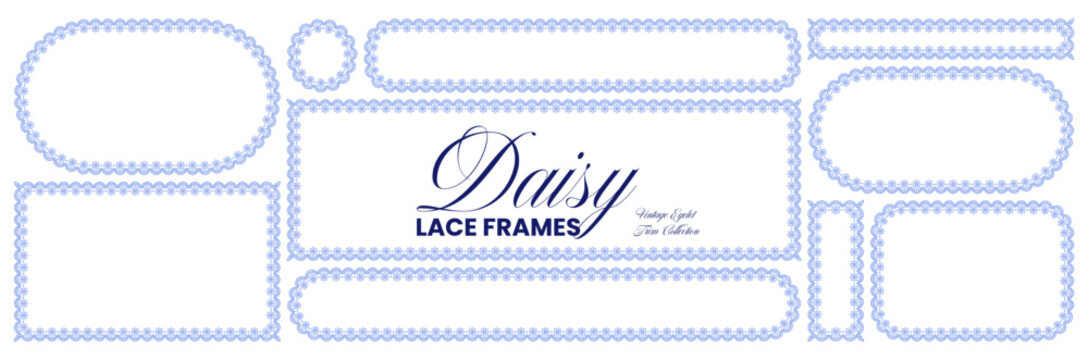 Periwinkle daisy eyelet lace frames form wide ellipse, circle, rectangles plus strip banner borders on white as vintage trim collection for wedding invitations or spring craft labels.