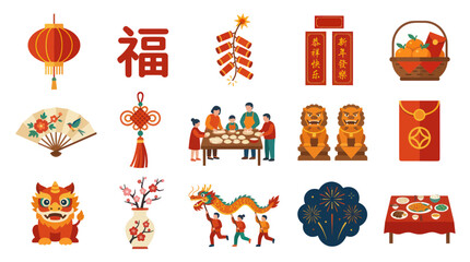 Fototapeta premium Chinese New Year Flat Design Icons - Lantern, Fu Character, Firecrackers, Couplets, Basket, Lions, Fan, Knot, Foo Dog, Vase, Dragon, Fireworks, Feast