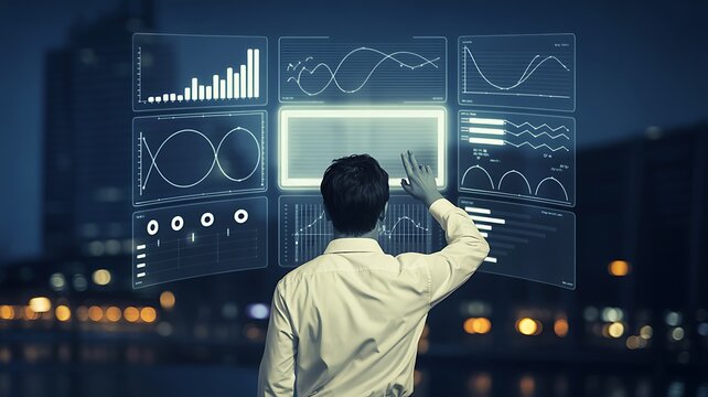 Businessman interacting with futuristic holographic analytics dashboard and data graphs outdoors at night