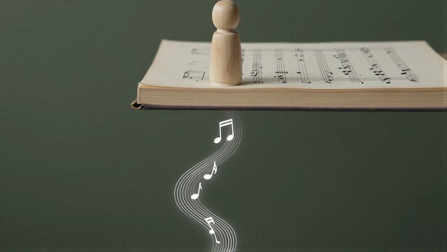 Wooden figure sits on music book, notes flowing down like a river of sound.