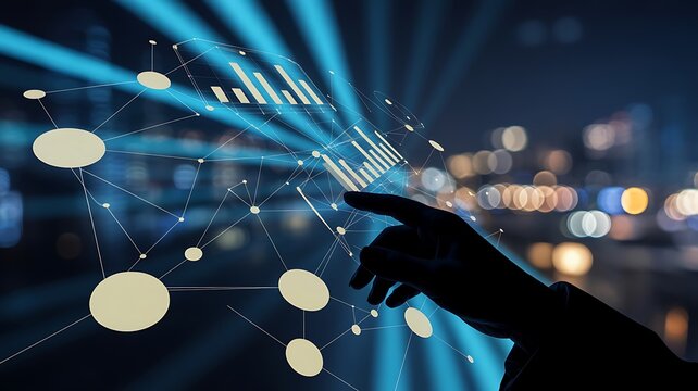 Hand interacting with digital glowing data network interface and financial charts on dark city background