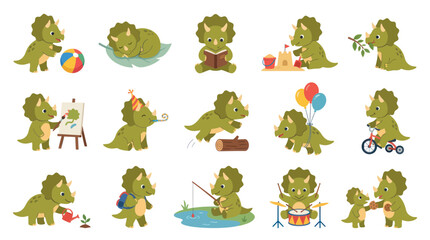 Obraz premium Cute Triceratops Dinosaur Activities Set. Adorable Flat Vector Cartoon Baby Dinosaurs for Children's Education and Fun.