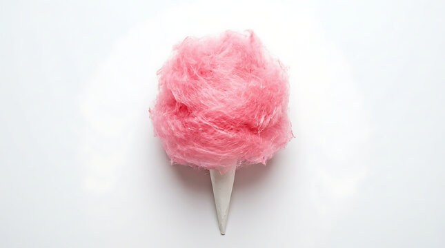 Close Up of Fluffy Pink Cotton Candy on a White Stick Against a Pure White Background