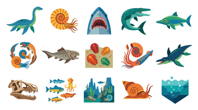 Prehistoric Marine Animals and Fossils Flat Vector Illustration Set for Paleontology and Evolution