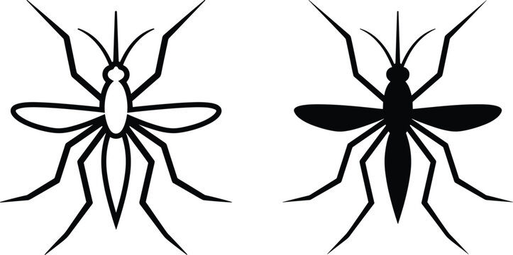 Mosquito icon set featuring black linear outline and solid silhouette insect shapes minimal flat vector illustrations for pest control