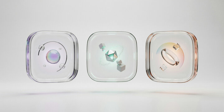 Three glass rounded square containing floating abstract geometric shapes and soft