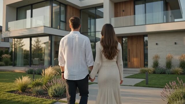 Couple Walking Towards Modern Luxury House Estate