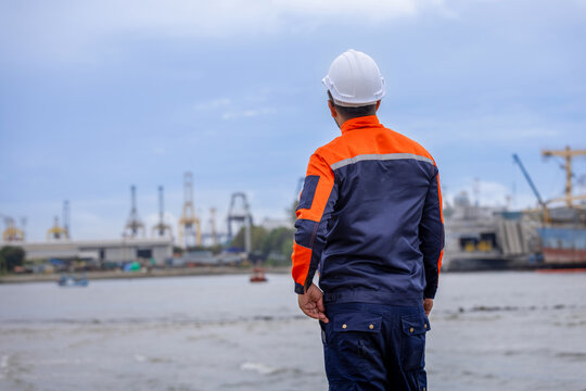 Rear view of engineer looking at harbor and cargo ships at shipyard, Worker in safety helmet standing at commercial port terminal, Port inspector overlooking shipping terminal and industrial cranes