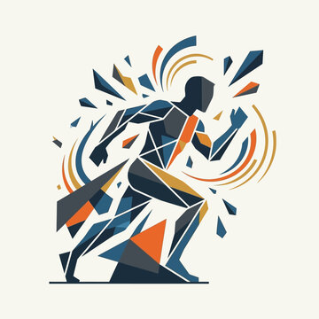 A dynamic and abstract digital illustration of a runner in mid-stride, depicted with sharp geometric shapes, vibrant blue and orange accents, and motion lines conveying speed, energy, and athletic per