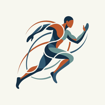 A minimalist, stylized vector illustration of an athletic human figure in a dynamic sprinting pose, featuring fluid, curving lines and a modern, high-contrast tri-color palette.