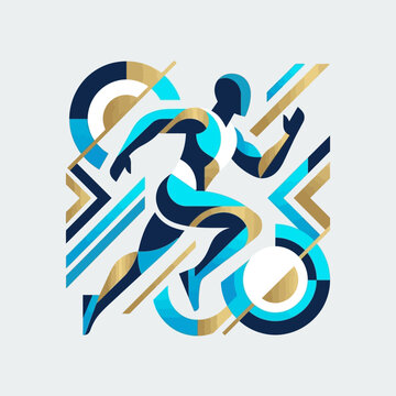 A stylish, geometric vector graphic illustration depicting a stylized athlete in mid-stride, featuring a vibrant color palette of royal blue, cyan, and gold accents set against a clean, light-colored 