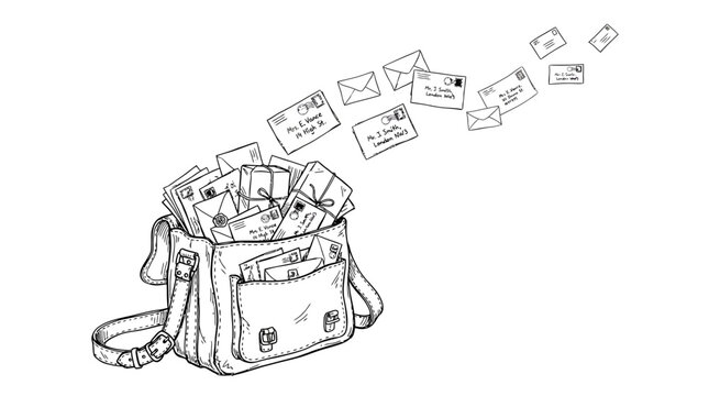 Hand drawn sketch of a vintage mailbag overflowing with envelopes and parcels flying into the air, perfect for postal service marketing, communication concept and logistics advertising