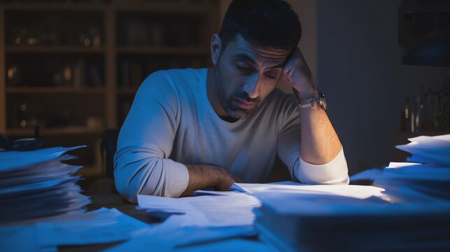 Man overwhelmed by paperwork in dim light.