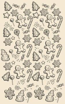 Hand Drawn Seamless Christmas Cookie and Candy Pattern with Gingerbread Men, Candy Canes, Snowflake Cookies and Lollipops
