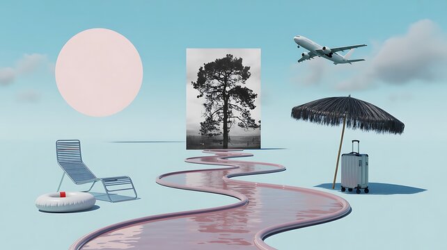 Surreal collage of travel vacation scene with winding pink stream, lounge chair, airplane, and umbrella