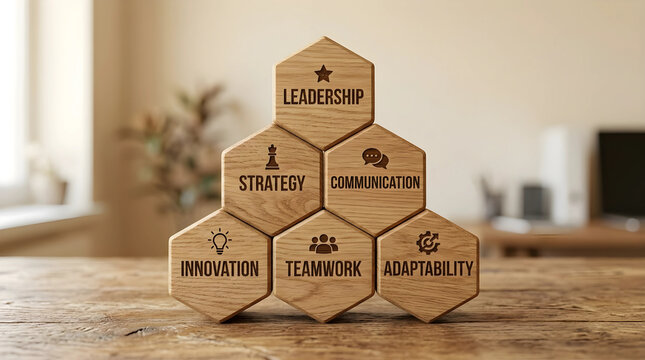 Interconnected Dark Wooden Hexagon Tiles Showing Brand Strategy and Core Values Network
