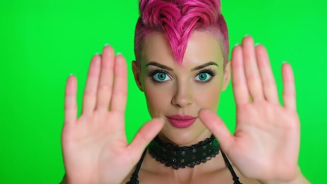 Woman with mohawk and pink color hairstyle, gesturing stop with exuding calmness and focus