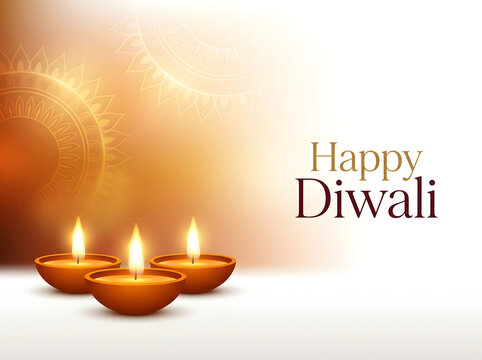 Happy Diwali greeting card with glowing oil lamps and traditional golden mandala pattern