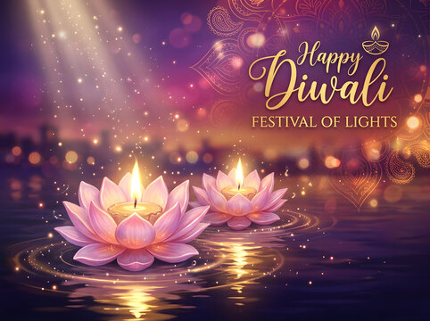 Happy Diwali festival of lights greeting card with glowing lotus candles on dark water