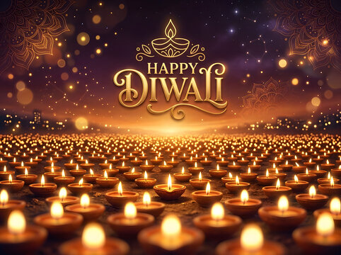 Happy Diwali greeting card with glowing oil lamps and festive fireworks background