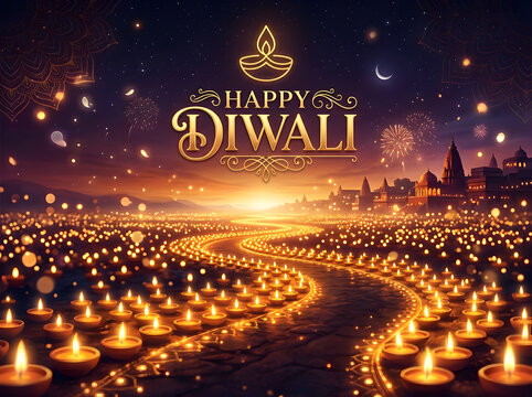Happy Diwali greeting card with glowing oil lamps and fireworks in a night landscape.