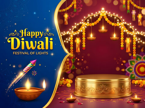 Happy Diwali festival of lights background with golden podium and traditional oil lamps