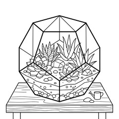Fototapeta premium Glass terrarium with plants and rocks on wooden table for home decor.