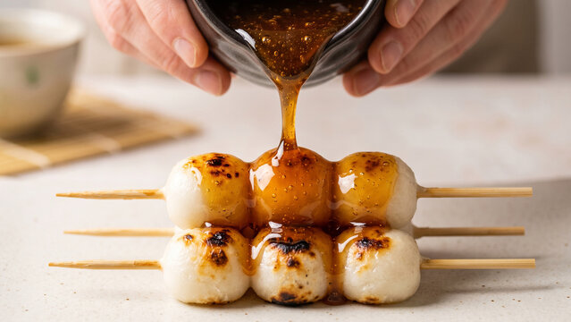 Pouring sweet soy glaze over grilled Mitarashi dango skewers.