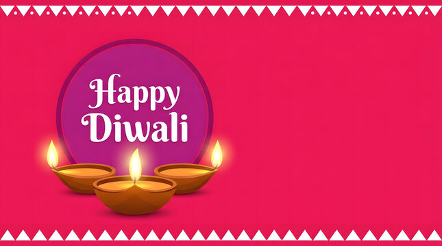 Happy Diwali greeting card with glowing oil lamps on a vibrant pink background