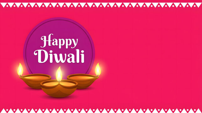 Happy Diwali greeting card with glowing oil lamps on a vibrant pink background