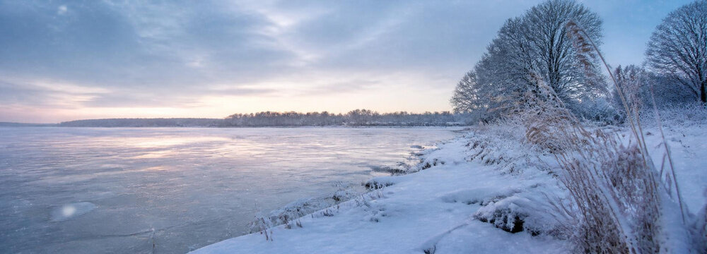 A serene winter landscape featuring a frozen lake covered in snow with a line of snowdusted trees along the shore under a soft, pastelcolored morning sky