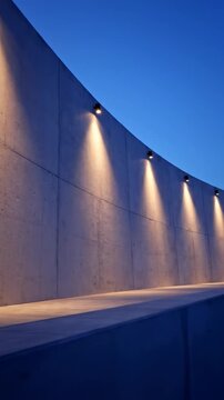 Curving concrete wall illuminated by uplights at dusk, creating dramatic shadows and architectural ambiance, suitable for modern design and urban scenes
