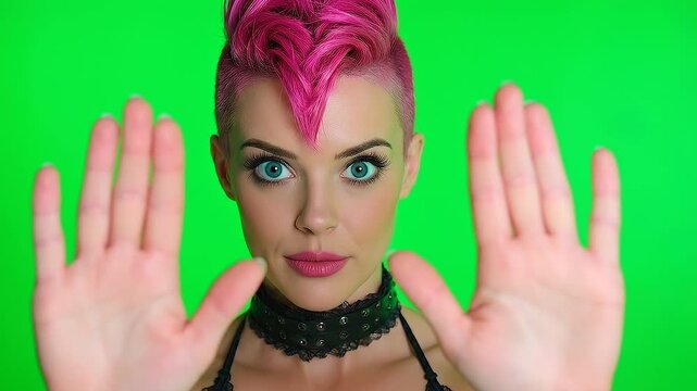 Woman with mohawk and pink color hairstyle, gesturing stop with exuding calmness and focus