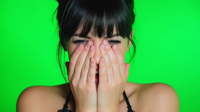 Young ghotic woman covers her face with her hands, conveying a sense of embarrassment