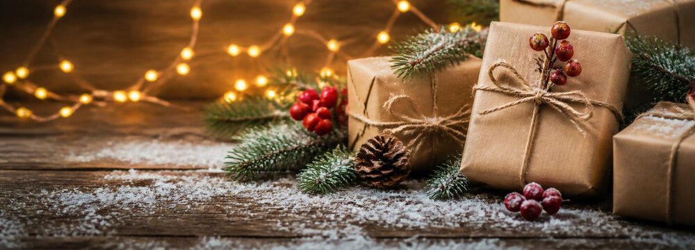 Christmas gift boxes wrapped in brown paper with pine branches, red berries, and pinecones on a rustic wooden table with snow and warm fairy lights in the background