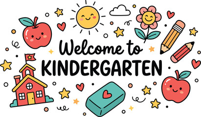 Fototapeta premium Welcome to kindergarten typography banner with cute kawaii doodles school elements and characters vector illustration template