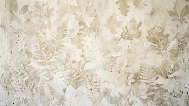 Faded leaf imprints on rough textured off-white surface organic