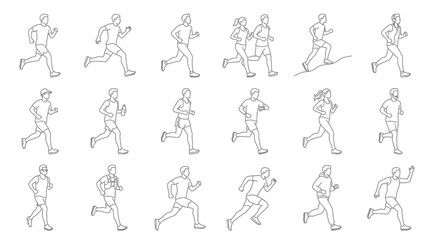 Obraz premium Black and White Line Art of Diverse People Running, Sports and Fitness Vector Icons